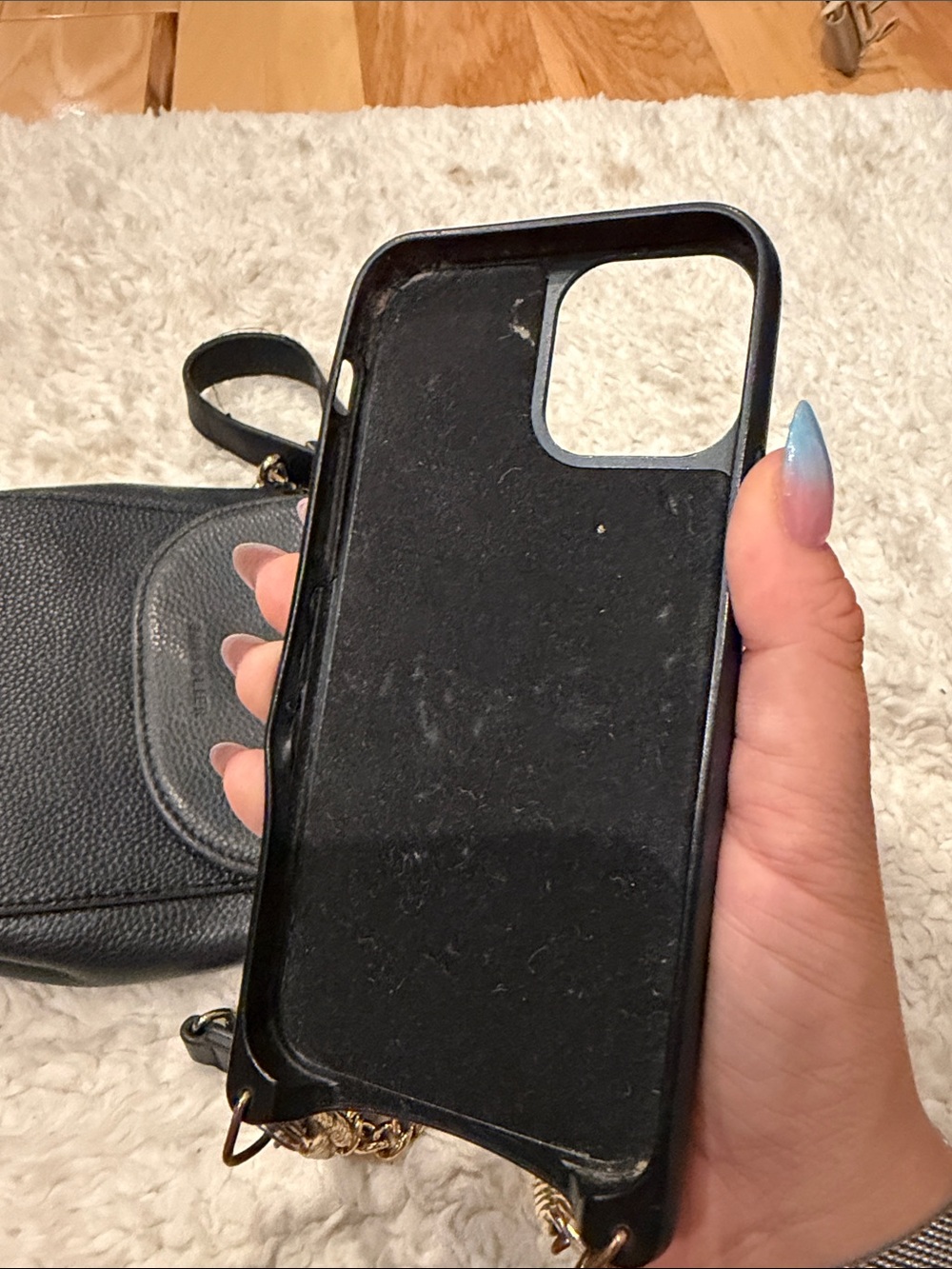 Bandolier Black Pebbled Leather Crossbody and Phone Case with Gold Chain - Picture 8 of 12